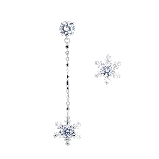 .925 Sterling Silver Snowflake Assymetrical Stud and Drop Earrings