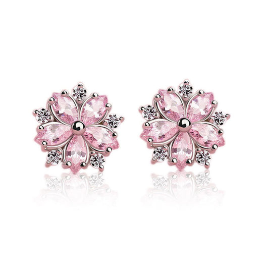 .925 Sterling Pink CZ Flower Stud Earrings