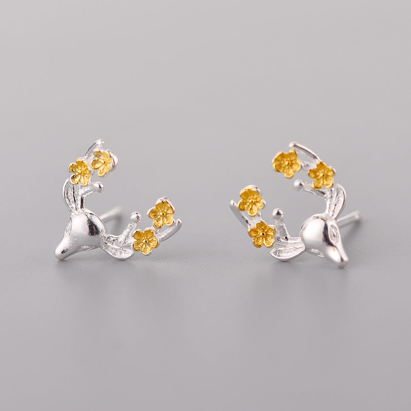 .925 Sterling Deer and Flower Antler Earrings with gold-plated accents