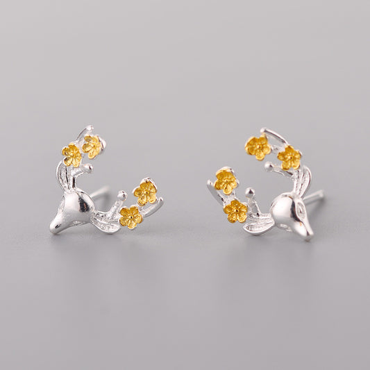 .925 Sterling Deer and Flower Antler Earrings with gold-plated accents