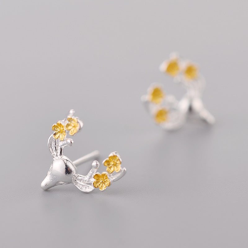 .925 Sterling Deer and Flower Antler Earrings with gold-plated accents
