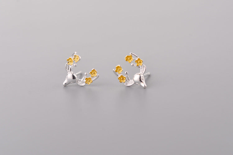.925 Sterling Deer and Flower Antler Earrings with gold-plated accents