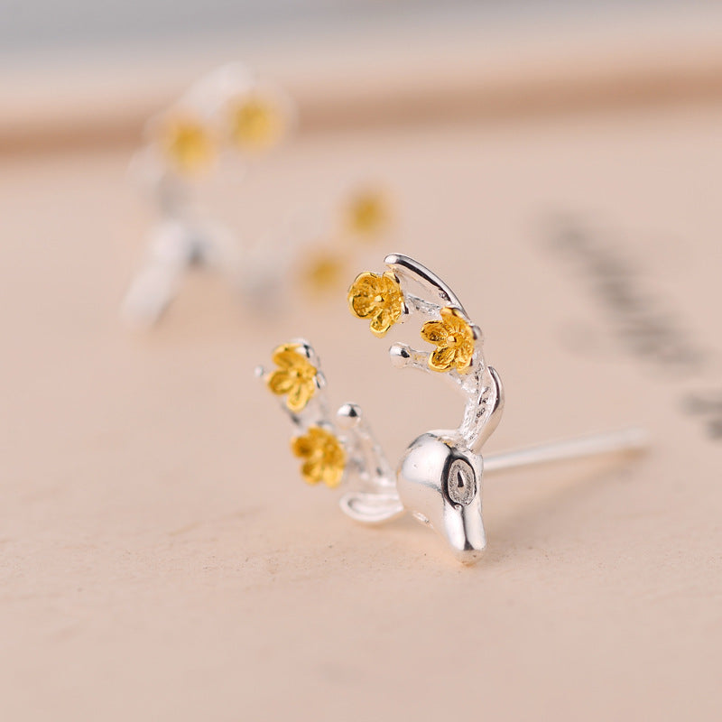 .925 Sterling Deer and Flower Antler Earrings with gold-plated accents