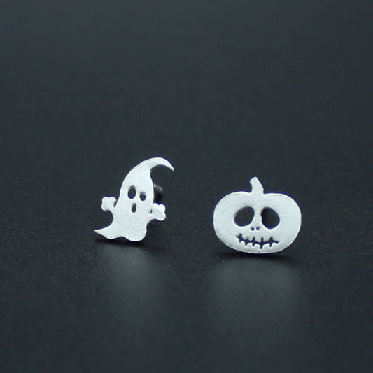 .925 Sterling Silver Assymetrical Ghost and Pumpkin Earrings