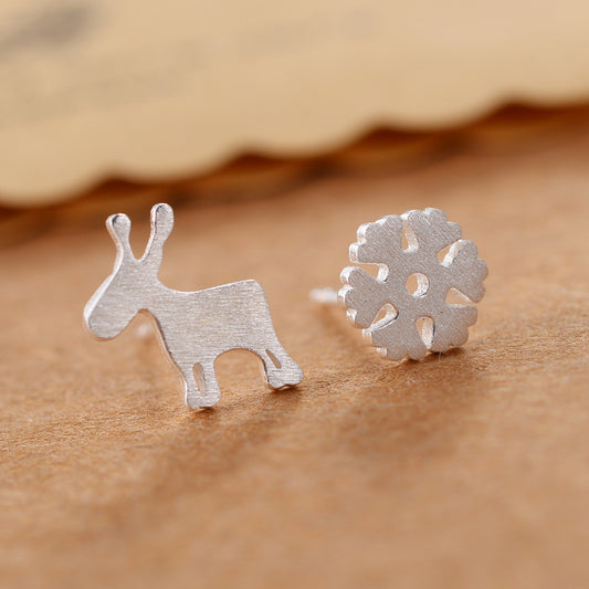 .925 Sterling Silver Deer and Snowflake Assymetrical Earrings