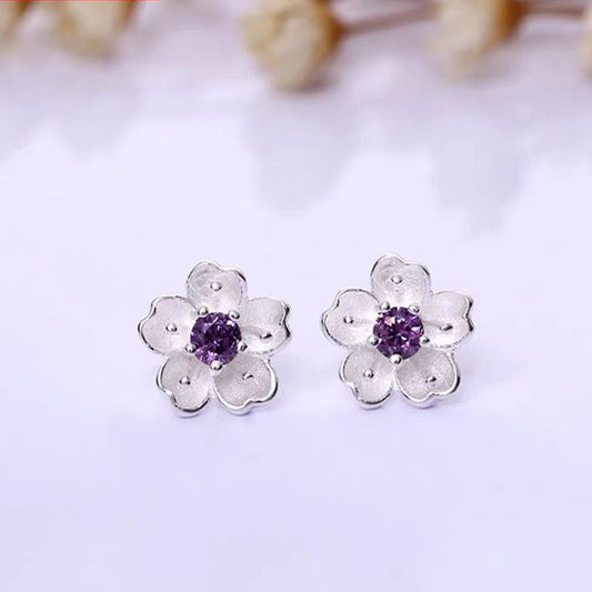 .925 Sterling Purple CZ Centered Flower Earrings