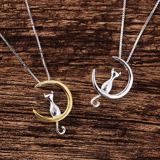 .925 Sterling Moon Cat Necklace in Silver or Gold