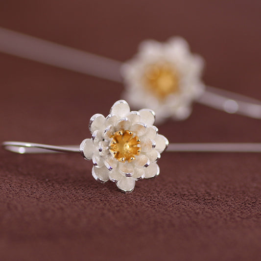 .925 Sterling Lotus Flower Drop Earrings with gold-plated accents