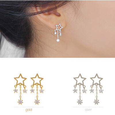 .925 Sterling Star and Cubic Zirconia Tassle Earrings (White or Yellow Gold)