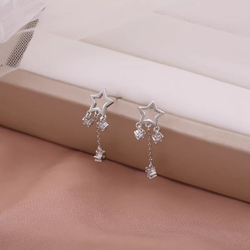.925 Sterling Star and Cubic Zirconia Tassle Earrings (White or Yellow Gold)