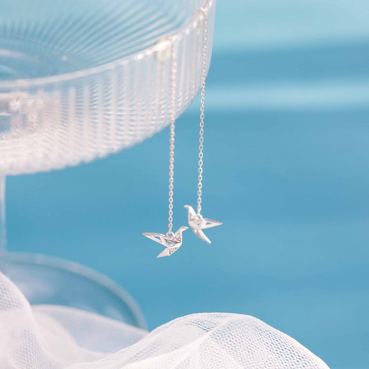 .925 Sterling Origami Bird Threader Style Earings