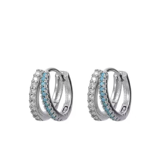 .925 Sterling Split Huggie Hoop Blue and Clear Pave Earrings