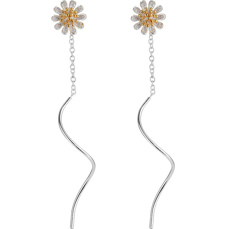 .925 Sterling Silver Daisy/Sunflower Threader Style Dangle Earrings