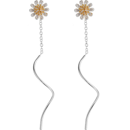 .925 Sterling Silver Daisy/Sunflower Threader Style Dangle Earrings