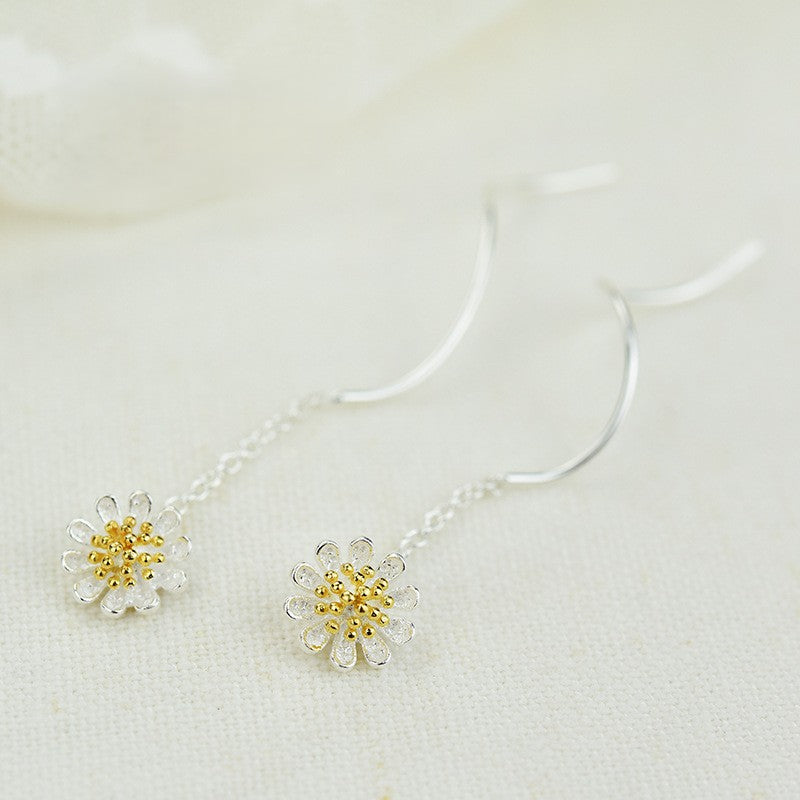 .925 Sterling Silver Daisy/Sunflower Threader Style Dangle Earrings