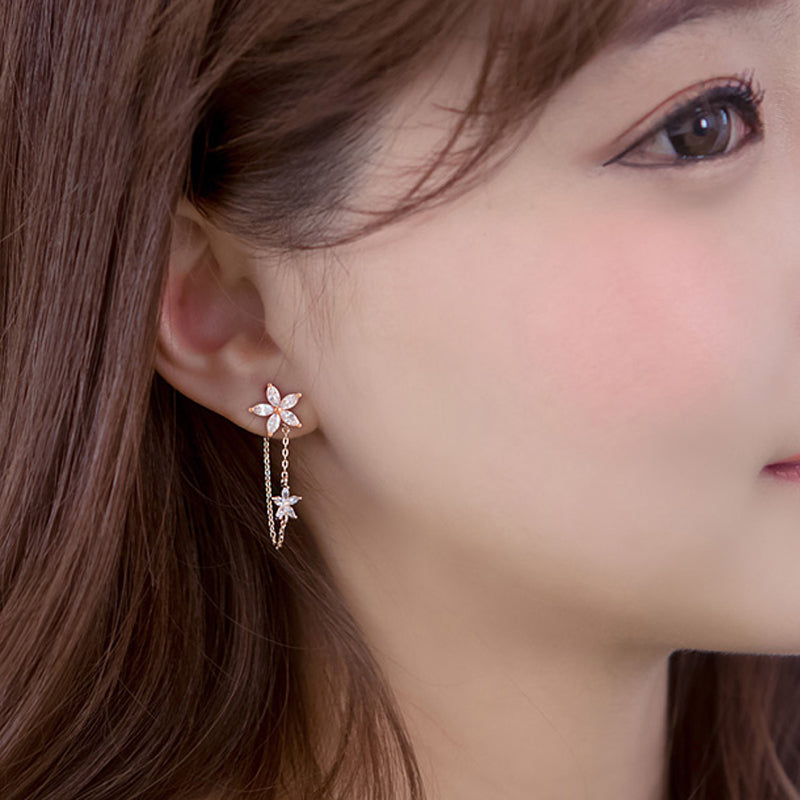 .925 Sterling Silver Cubic Zirconia Flower and Chain Drop Earrings