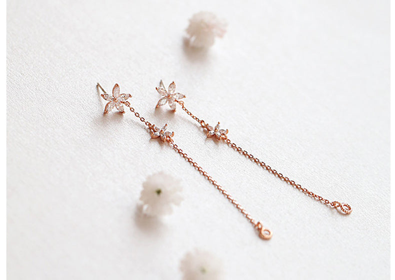 .925 Sterling Silver Cubic Zirconia Flower and Chain Drop Earrings