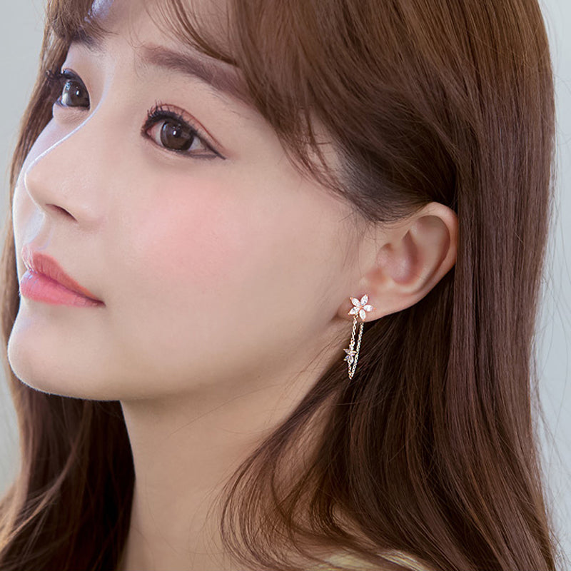 .925 Sterling Silver Cubic Zirconia Flower and Chain Drop Earrings