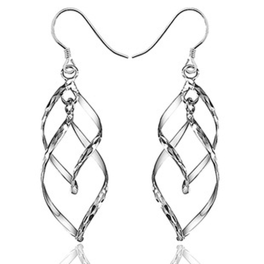 .925 Sterling Silver Swirl Dangle Earrings with Diamond Cutting