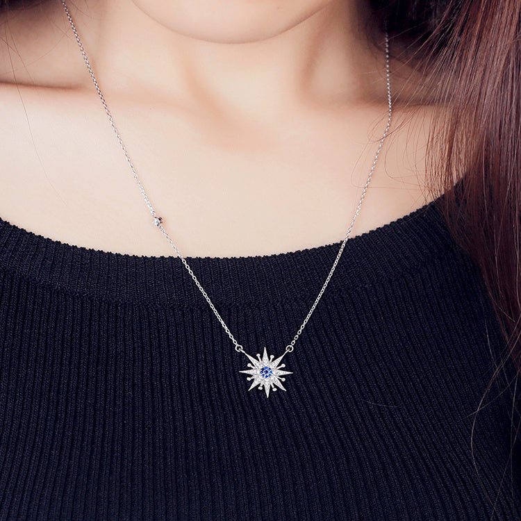 .925 Sterling Silver Star with Clear & Blue Cubic Zirconia Necklace