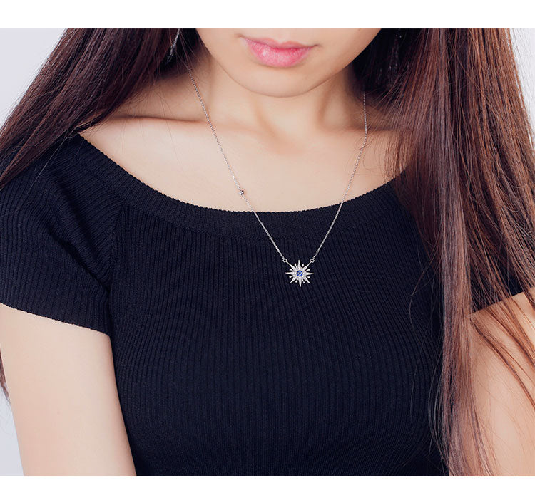 .925 Sterling Silver Star with Clear & Blue Cubic Zirconia Necklace