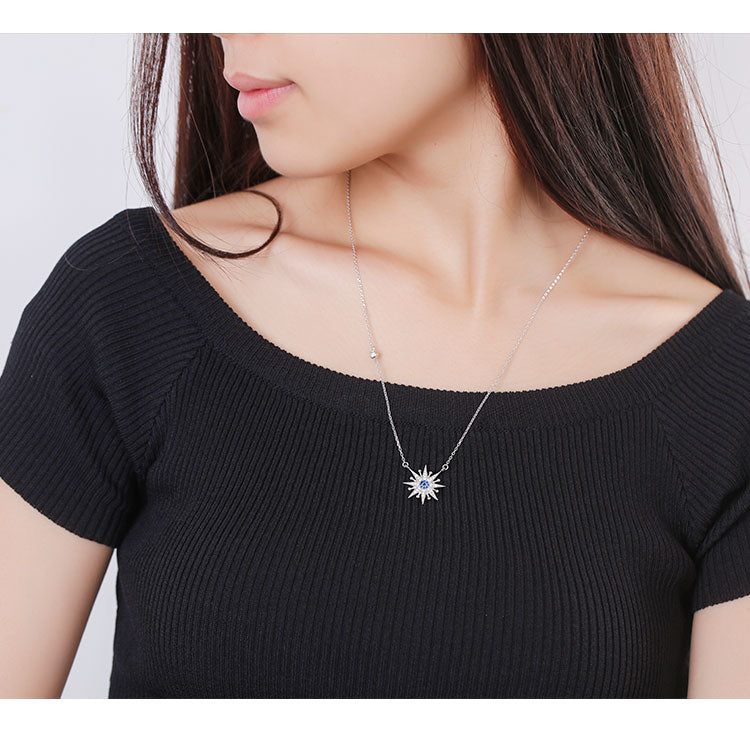.925 Sterling Silver Star with Clear & Blue Cubic Zirconia Necklace