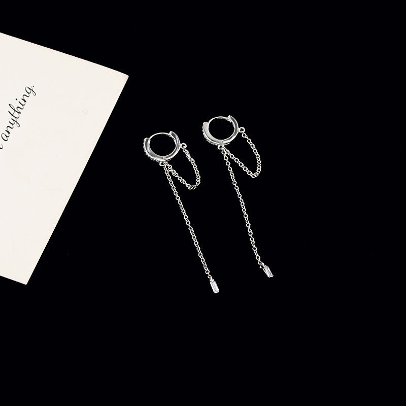 .925 Sterling Silver Huggie Hoop Earrings with Cubic Zirconia Chain Dangle