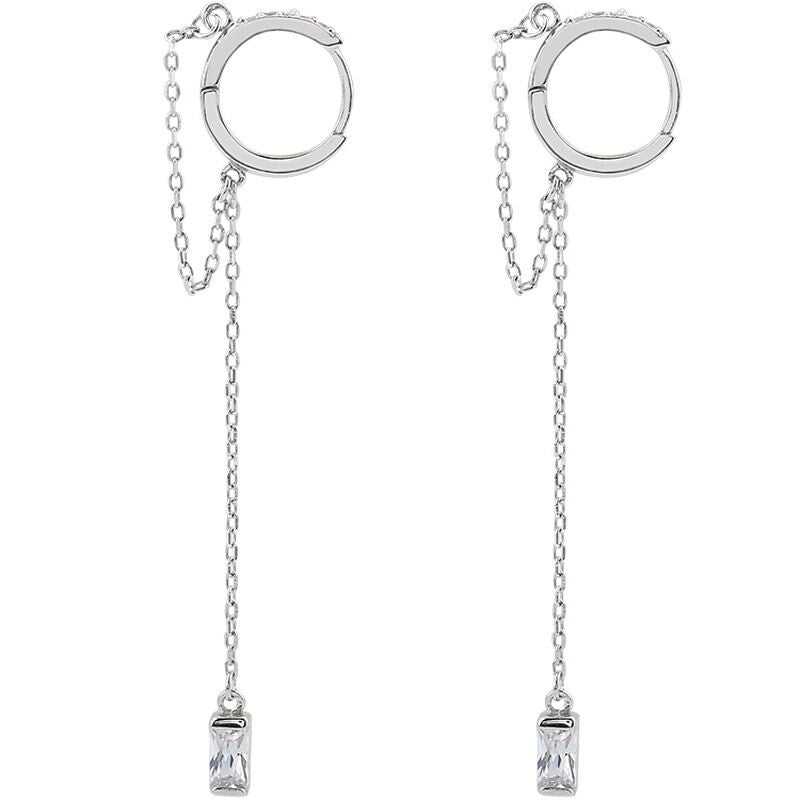 .925 Sterling Silver Huggie Hoop Earrings with Cubic Zirconia Chain Dangle