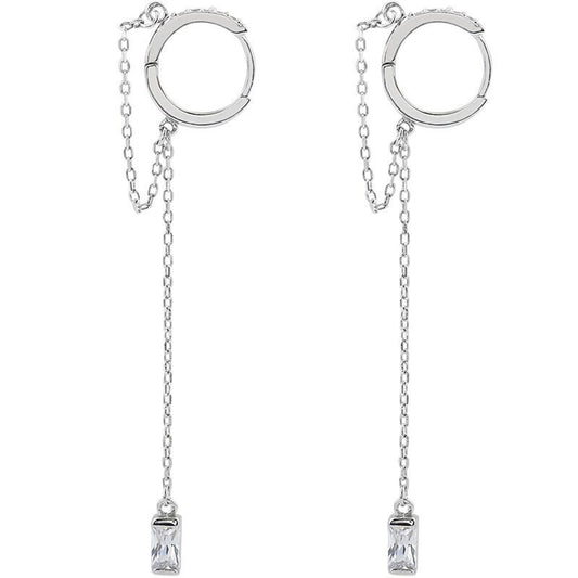 .925 Sterling Silver Huggie Hoop Earrings with Cubic Zirconia Chain Dangle