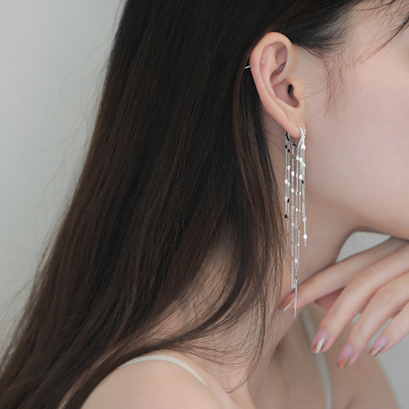 .925 Sterling Silver Hoop and Chain Dramatic Dangle Earrings