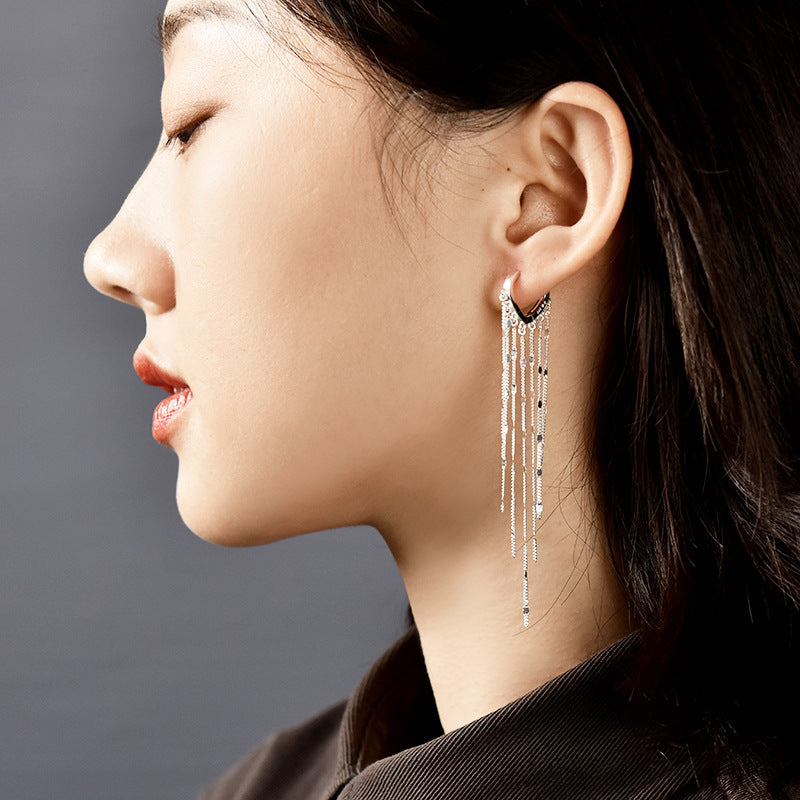 .925 Sterling Silver Hoop and Chain Dramatic Dangle Earrings
