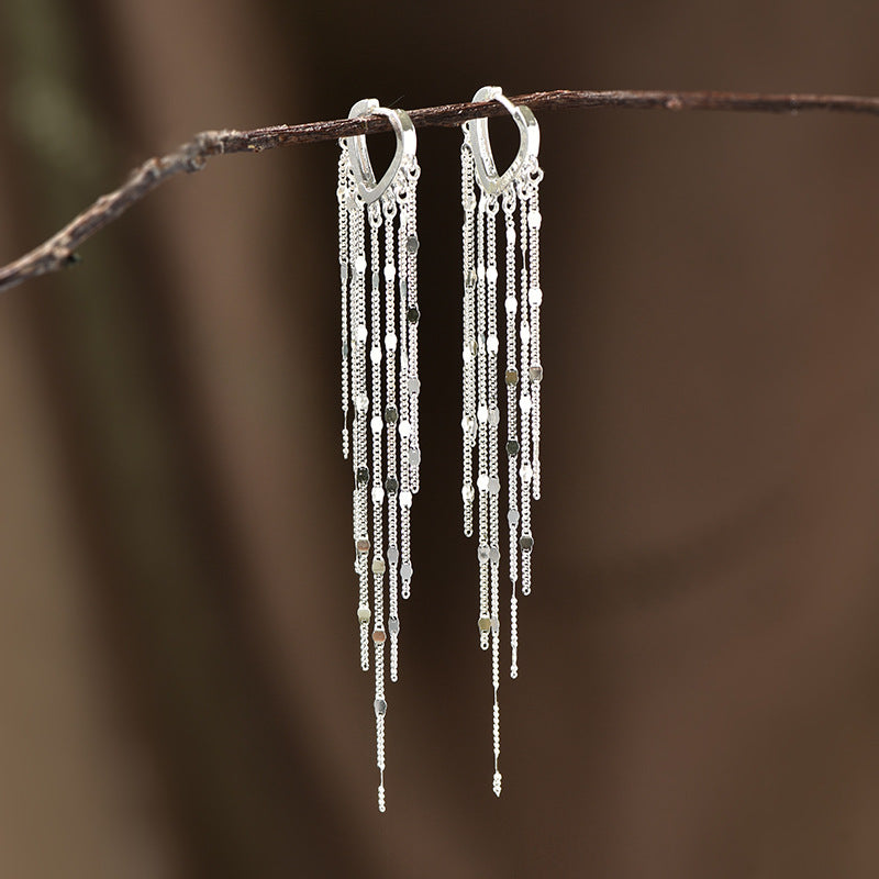 .925 Sterling Silver Hoop and Chain Dramatic Dangle Earrings