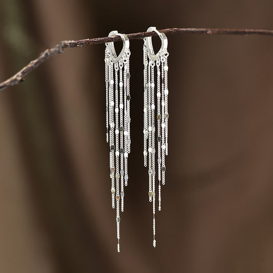 .925 Sterling Silver Hoop and Chain Dramatic Dangle Earrings