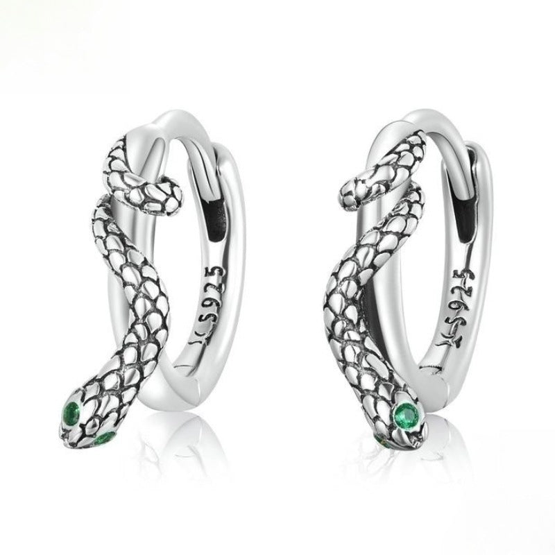 .925 Sterling Silver Snake with Emerald Green Cubic Zirconia Eye Hoop Earrings