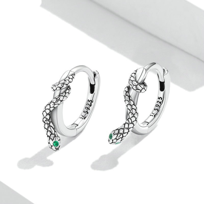 .925 Sterling Silver Snake with Emerald Green Cubic Zirconia Eye Hoop Earrings