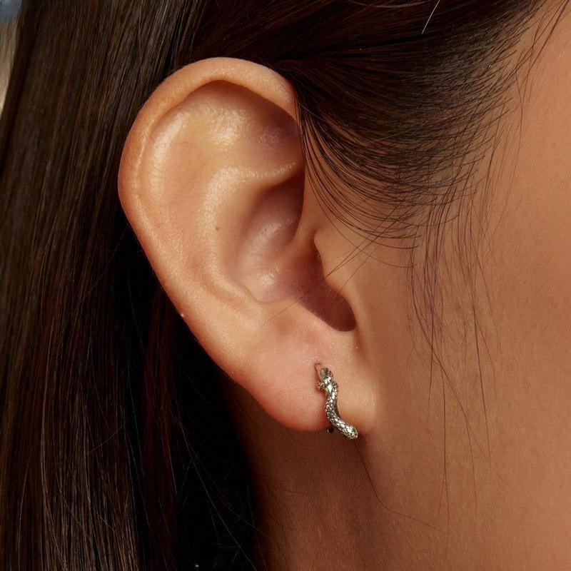 .925 Sterling Silver Snake with Emerald Green Cubic Zirconia Eye Hoop Earrings