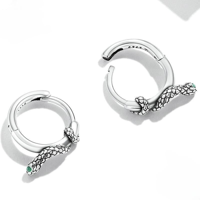 .925 Sterling Silver Snake with Emerald Green Cubic Zirconia Eye Hoop Earrings