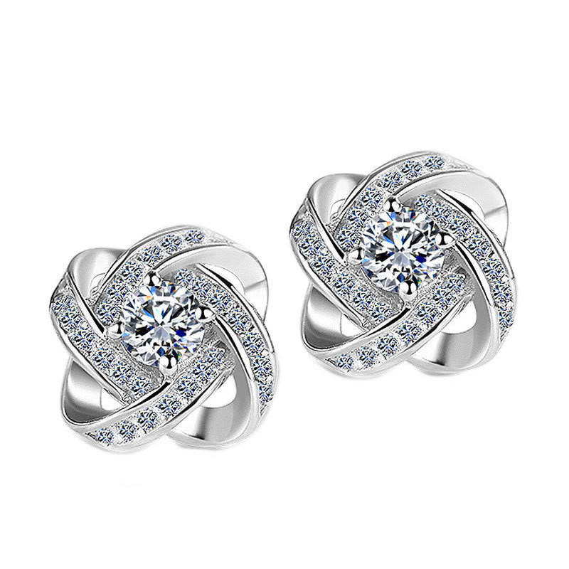 .925 Sterling Silver Clover Stud Earrings with Cubic Zirconia Pave