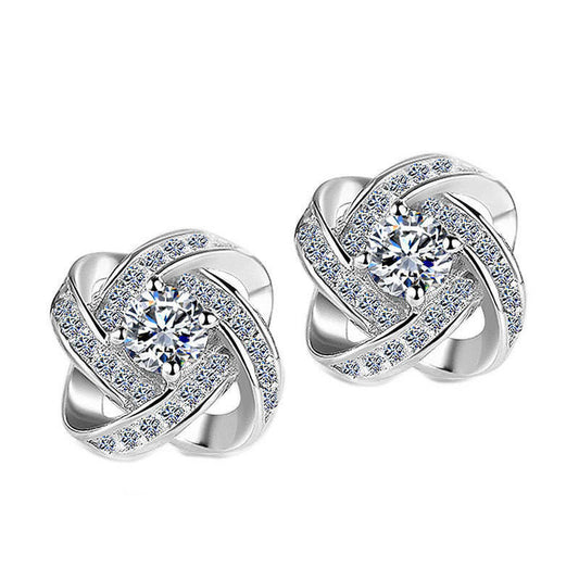 .925 Sterling Silver Clover Stud Earrings with Cubic Zirconia Pave