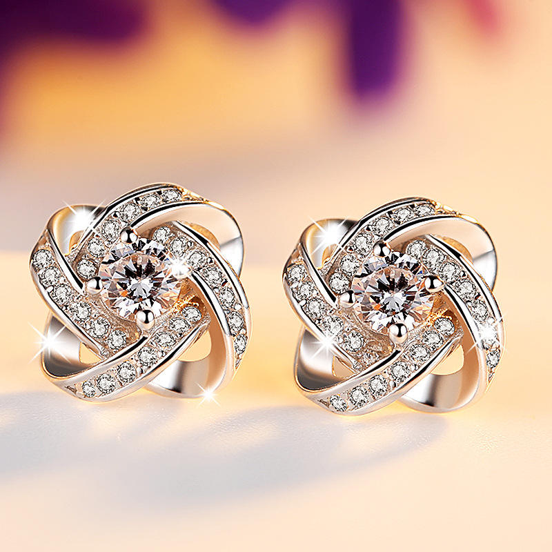.925 Sterling Silver Clover Stud Earrings with Cubic Zirconia Pave