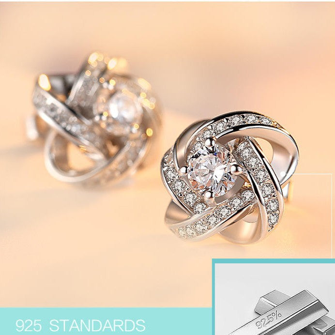 .925 Sterling Silver Clover Stud Earrings with Cubic Zirconia Pave