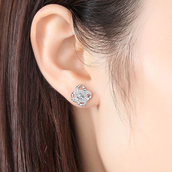 .925 Sterling Silver Clover Stud Earrings with Cubic Zirconia Pave