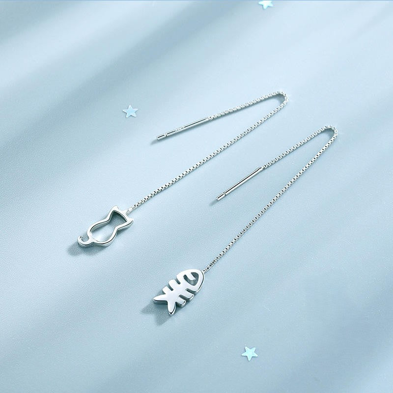.925 Sterling Silver Cat and Fish Threader Earrings