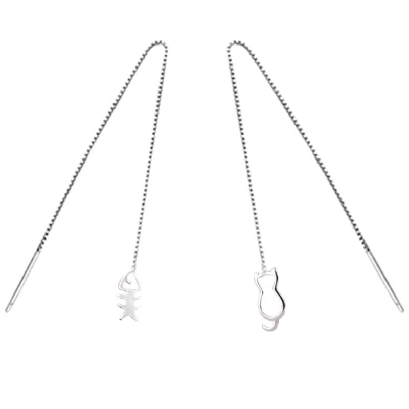 .925 Sterling Silver Cat and Fish Threader Earrings