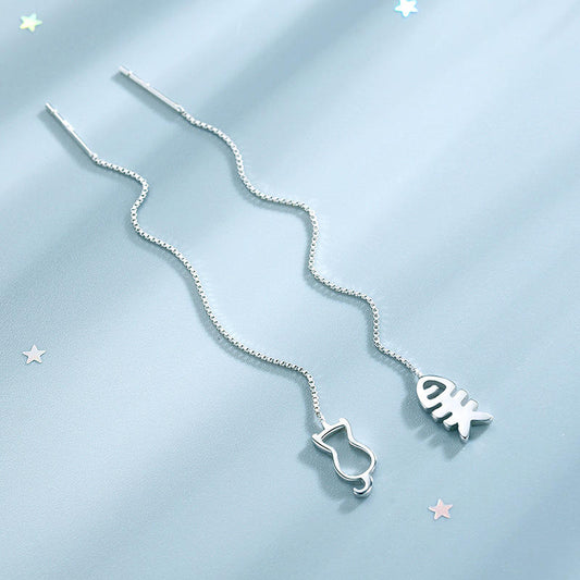 .925 Sterling Silver Cat and Fish Threader Earrings