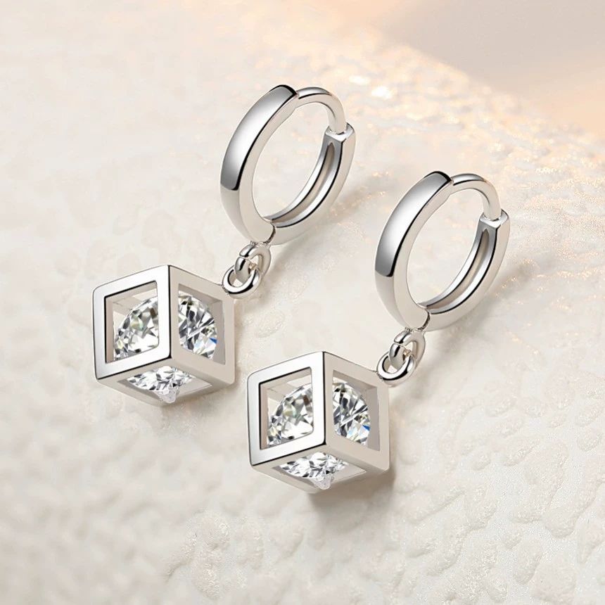 .925 Sterling Silver Huggie Hoop Cube and Cubic Zirconia Earrings