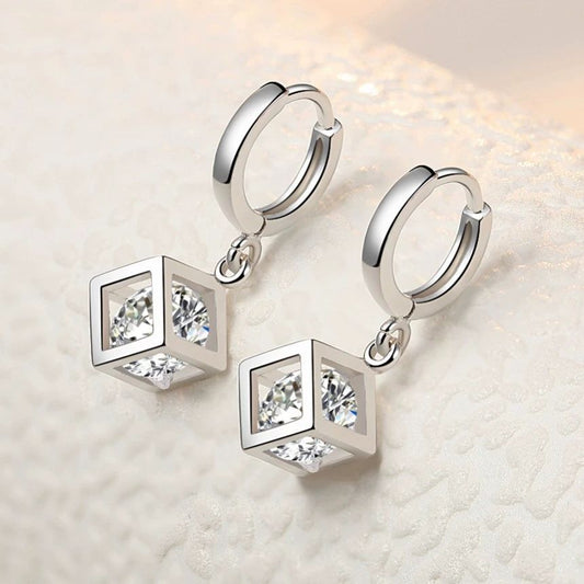 .925 Sterling Silver Huggie Hoop Cube and Cubic Zirconia Earrings
