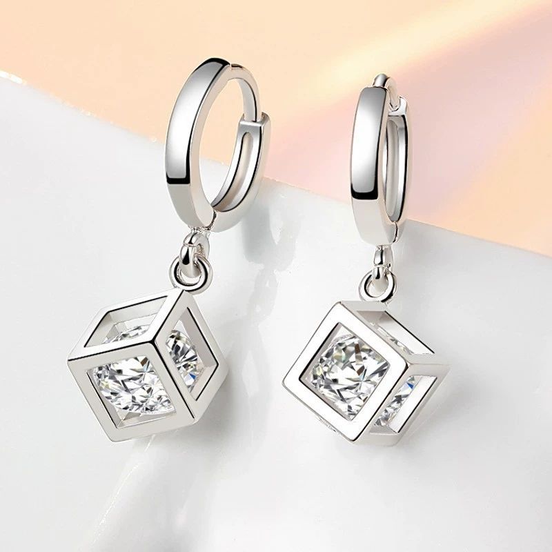 .925 Sterling Silver Huggie Hoop Cube and Cubic Zirconia Earrings