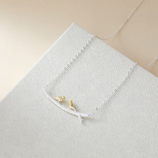 .925 Sterling Silver Twin Gold-plated Birds on Branch Necklace