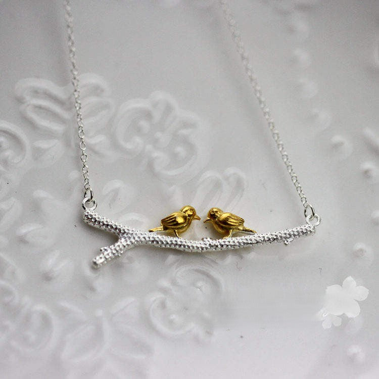 .925 Sterling Silver Twin Gold-plated Birds on Branch Necklace